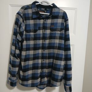 Orvis Blue, Gray and Black Plaid Flannel Shirt